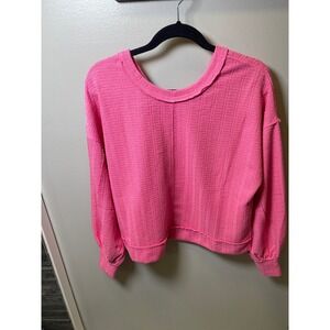 New View Womens Pink Textured Waffle Knit Balloon Sleeve Pullover Top NT12413 M